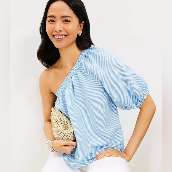 Loft | New linen blend one shoulder top/blouse Womens size S stripes puff sleeve - Picture 8 of 8